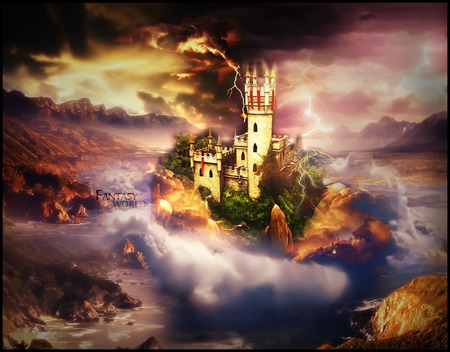 fantasy-world - sky, dark, mountain, castle, clouds