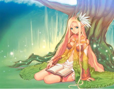 Reading Elf - elf, anime, anime girl, female, book, girl, cute, tree