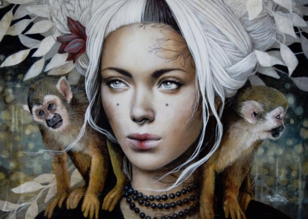 Aela - maimuta, girl, portrait, monkey, fantasy, white, pictura, painting, sophie wilkins, face, art