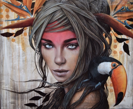 :) - bird, girl, toucan, pasari, pictura, fantasy, painting, face, art