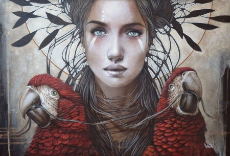 :) - girl, parrot, pictura, fantasy, painting, red, sophie wilkins, face, art