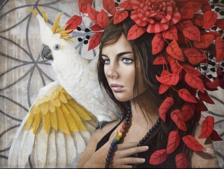 :) - yellow, parrot, burd, fantasy, pasari, re, red, sophie wilkins, hite, art