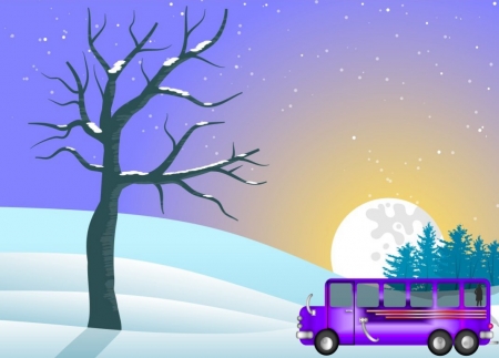 My Big Purple Bus - bus, purple, scape, snow, trees