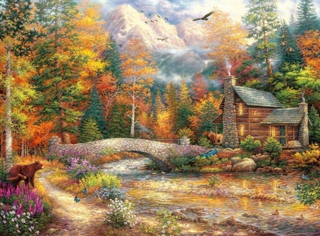 autumn dream - autumn, forest, house, mountains
