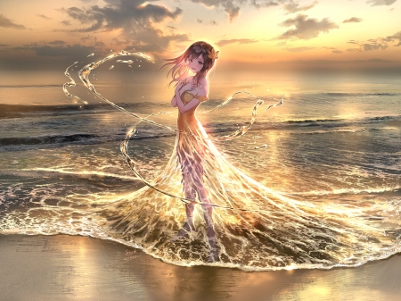 Sunset - manga, water, dress, beach, golden, sea, foo midori, girl, sunrise, summer, anime, sunset, vara