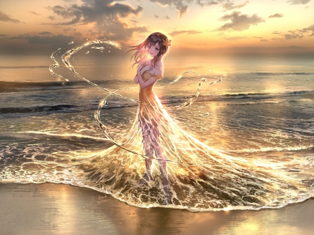 Sunset - anime, summer, water, beach, girl, sea, dress, sunrise, foo midori, manga, sunset, golden, vara