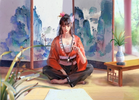 :) - fantasy, girl, yelli, yel lu, kimono, orange, art, asian