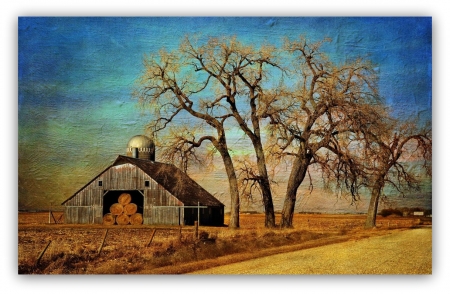 painting farm - landscape, trees, farm, painting