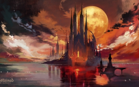 Bloodstained Ritual of the Night - Moon, water, castle, video game