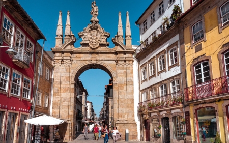 Gate in Braga, Portugal - gate, Portugal, city, houses