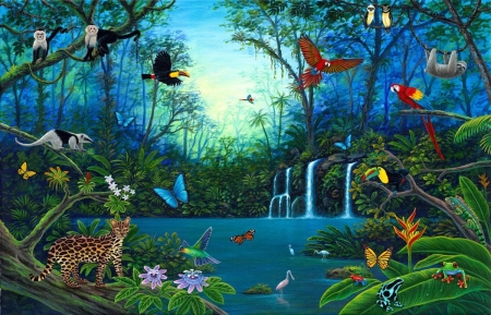 Jungle - moon, bird, animal, water, jungle, night, art