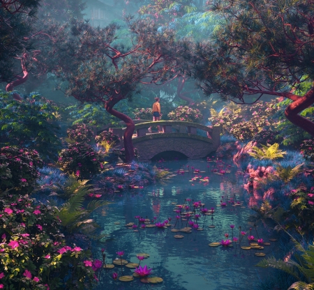 Serenity - fantast, water, serenity, blue, art, garden, samuel hipponen, lake, summer, flower, bridge, vara
