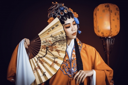:) - asian, evantai, girl, hand fan, kimono, lantern, orange, woman