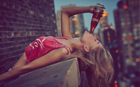 :) - coca cola, roof, woman, red, commercial, girl, blonde, add