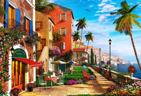 The Mediterranean Terrace - digtal, promenade, artwork, palm trees, sea, houses, restaurant