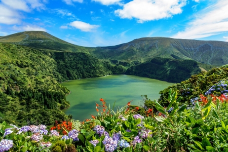 Beautiful lake view - azores, beautiful, green, island, lake, mountain, sky, view, wildflowers
