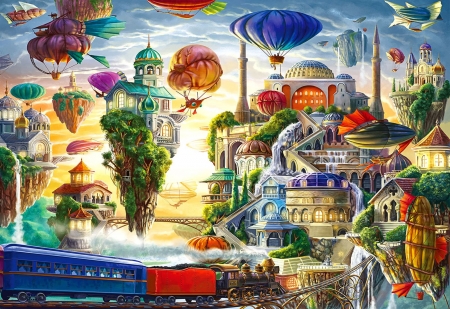 Floating Sky City - train, digital, balloons, railways, art, buildings