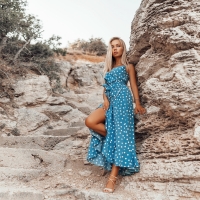 Blonde Posing in a Polka Dot Dress