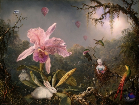 :) - bunny, pink, art, flower, julia rudens, orchid, pasari, rabbit, bird