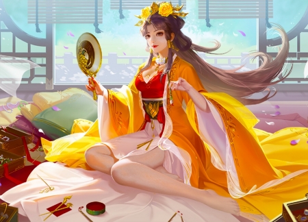 Mirror Mirror - yellow, girl, woman, veils, asian, art, wallpaper, digital, pretty, fantasy, pirror