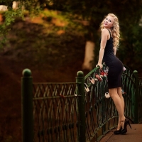 Blonde model on a small bridge