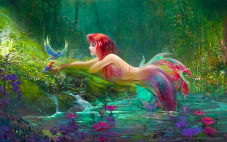 Wish I could Fly - wallpaper, flowers, fish, girl, mermaid, art, grass, beautiful, digital, fantasy, water