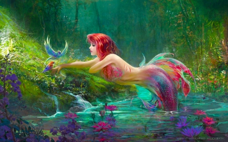 Wish I could Fly - water, beautiful, girl, grass, flowers, fantasy, mermaid, digital, art, fish, wallpaper