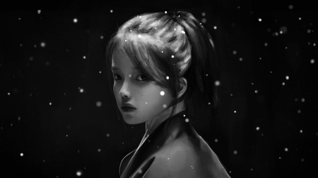 Girl in winter night - white, black, fantasy, art, face, bw, girl, caith caith, snow
