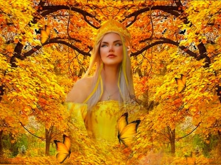 Yellow Royale - yellow, butterflies, crown, dress, forest, leaves, vigbrant, trees, vivid, royalty, queen, girl, orange, black, colorful, green, bright, bold