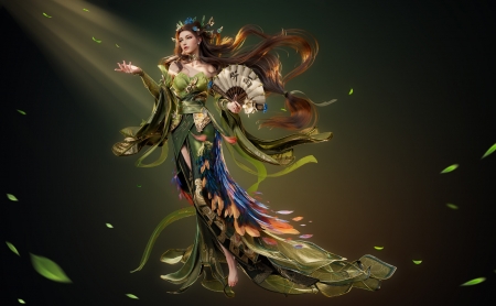 Fantasy girl - evantai, fantasy, frumusete, girl, green, hand fan, quanshen, yihao ren