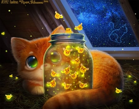 Faelines - piper thibodeau, firefly, cat, fantasy, cute, pisici, art, luminos, jar