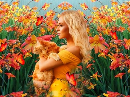 Kittie And Me - kittie, vibrant, yellow, vivid, blue, butterflies, girl, orange, cat, flowers, colorful, red, green, bright, bold, wild flowers