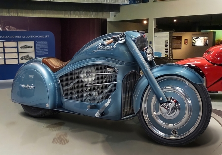 Harley Davidson 1936 Bugatti Type 57SC Atlantic Concept Motorcycle by Jakusa Atlantico. - harley, art deco, concept, motorbike, blue