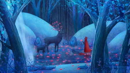 Lake of flowers - fantasy, art, red, deer, victoria sairykone, girl, winter, blue, lake, ice