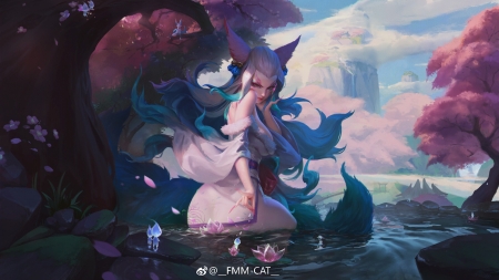 Ahri - pink, fmmcat, girl, ahri, fmm cat, fox, water, blue, art, fantasy