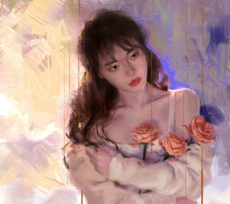 Girl - fantasy, girl, rose, face, flower, art, asian, yi chen