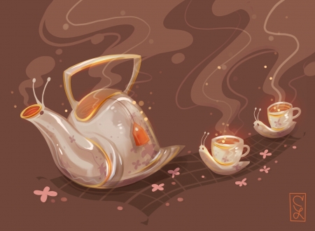 Tea snails - claire lin, brown, tea, orange, teapot, snail, fantasy, cute, art, cup