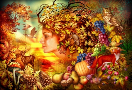 Spirit of Autumn - girl, fruits, vegetables, digital, art, face