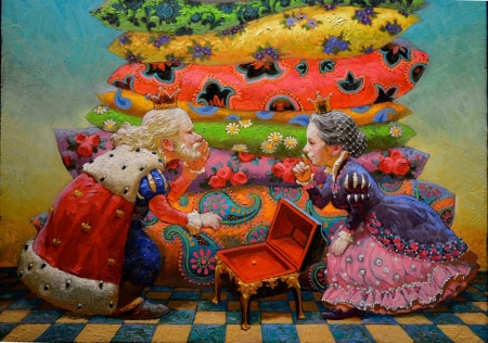 The princess and the pea - queen, grandfather, grandmother, illustration, colorful, pictura, fantasy, king, victor nizovtsev, painting, pillow, art