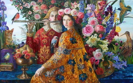 :) - bird, girl, flower, orange, man, pictura, instrument, red, painting, flute, olga suvorov, couple, art