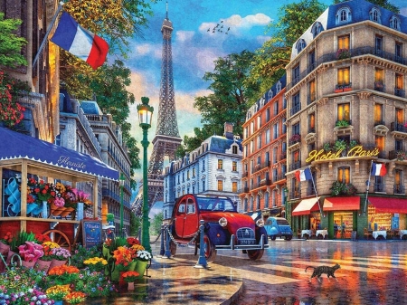 Paris Street Life - eiffel tower, houses, car, artwork, digital, flowers