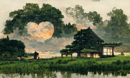 artwork - house, trees, water, lake, building