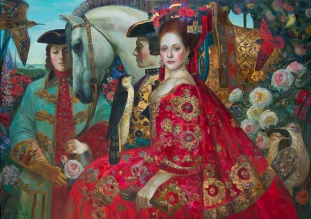 :) - horse, art, pictura, red, girl, cal, olga suvorova, woman, painting