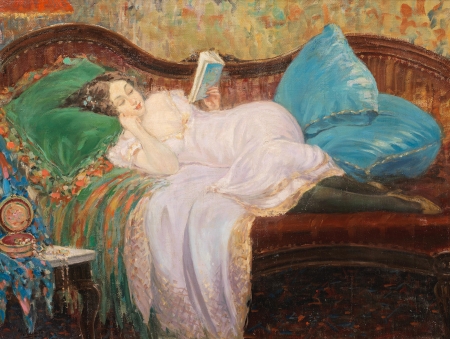 :) - book, sofa, art, painting, pictura, ulisse caputo, girl, woman, blue