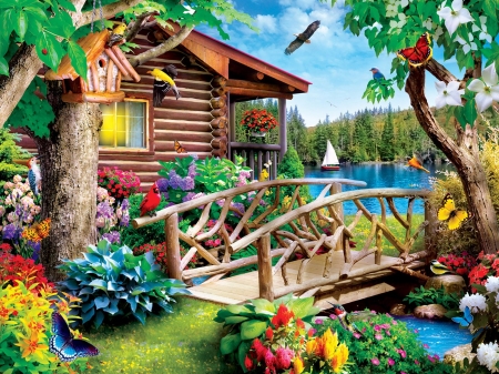 Cabin Crossing - artwork, river, butterflies, digital, birds, bridge, trees, flowers, lake