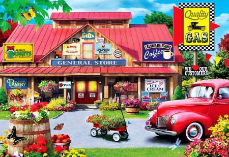 A Touch of Nostalgia - butterflies, digital, apples, art, car, store, flowers, countryside