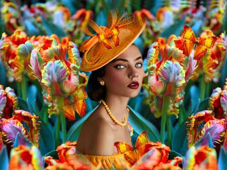 Vibrance - hat, vibrant, yellow, vivid, blue, butterflies, dress, girl, orange, flowers, colorful, green, red, bright, bold