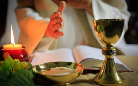 Eucharist - priest, candle, grapes, hosts, goblet, hand
