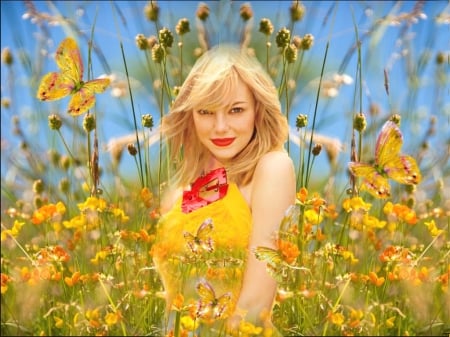 In The Meadow - vibrant, yellow, vivid, blue, butterflies, dress, girl, flowers, colorful, red, green, bright, bold, wild, wild flowers