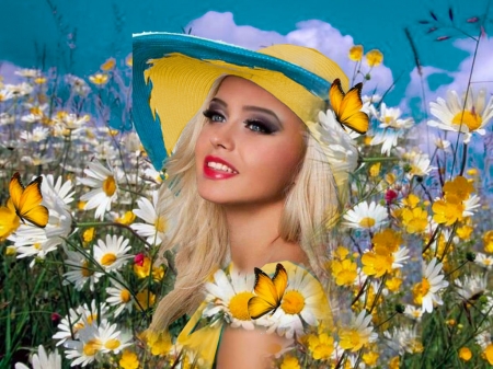 Butterflies and Wild Flowers - hat, colorful, blue, white, wild flowers, vibrant, dress, wild, butterflies, vivid, yellow, bright, bold, flowers